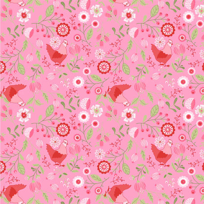 Smitten Chicken Pink Floral Fabric – Poppie Cotton Chickens Flowers on Pink - Ships June 2026