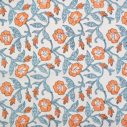 Fableism Indian Block Prints: Cottage – Winter Trumpet Vines Cotton Fabric Blue & Orange Floral for Quilting and Apparel Ships Feb 2026