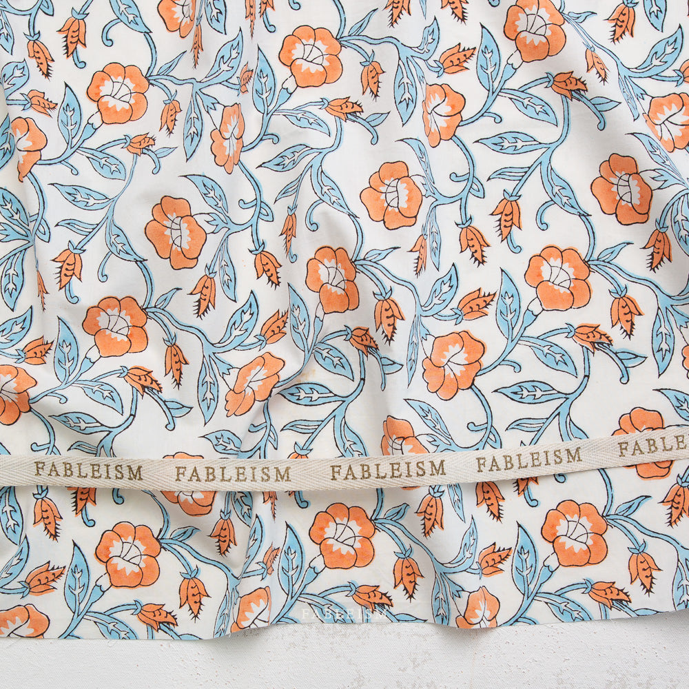 Fableism Indian Block Prints: Cottage – Winter Trumpet Vines Cotton Fabric Blue & Orange Floral for Quilting and Apparel Ships Feb 2026