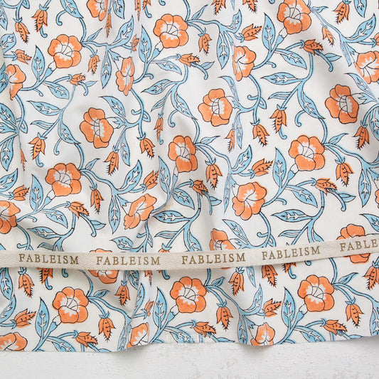 Fableism Indian Block Prints: Cottage – Winter Trumpet Vines Cotton Fabric Blue & Orange Floral for Quilting and Apparel Ships Feb 2026