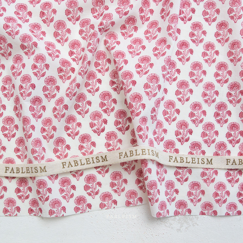Fableism Indian Block Prints: Cottage – Pink Stamp Floral Hand-Blocked 100% Cotton Fabric for Quilting and Sewing