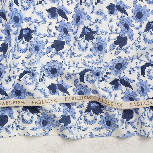 Fableism Indian Block Prints: Cottage – Country Blue Floral 100% Cotton Fabric Handcrafted in India for Quilts & Décor