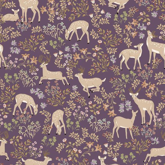 My Darling  Deer Fabric – Poppie Cotton Cream Deer on Plum Purple - Ships January 2026