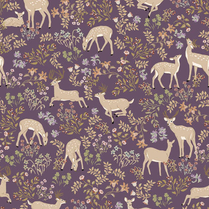 My Darling  Deer Fabric – Poppie Cotton Cream Deer on Plum Purple - Ships January 2026