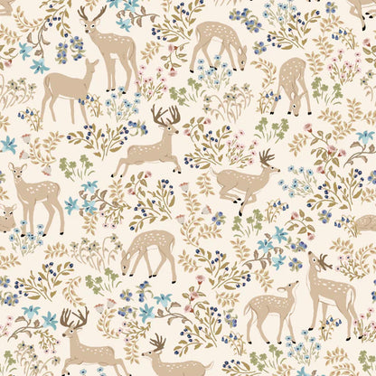 My Darling Deer Fabric – Poppie Cotton Cream Forest Animal with Blue Floral - Ships January 2026