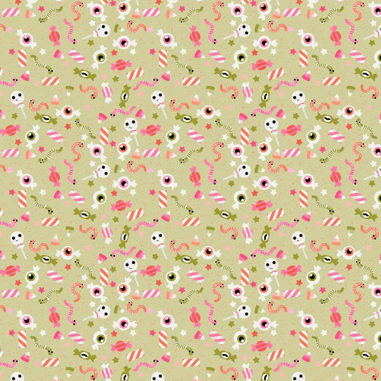 Not So Scary Halloween Candy Fabric – Poppie Cotton Skulls Eyeballs Worms on Green