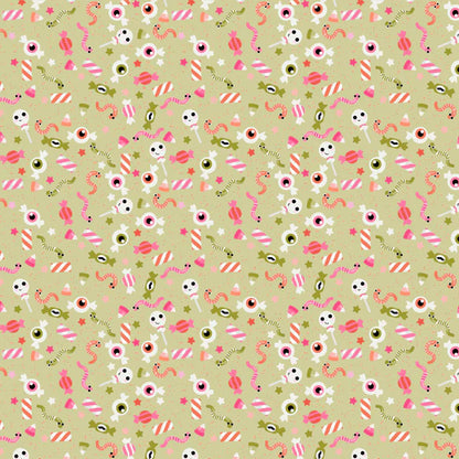 Not So Scary Halloween Candy Fabric – Poppie Cotton Skulls Eyeballs Worms on Green