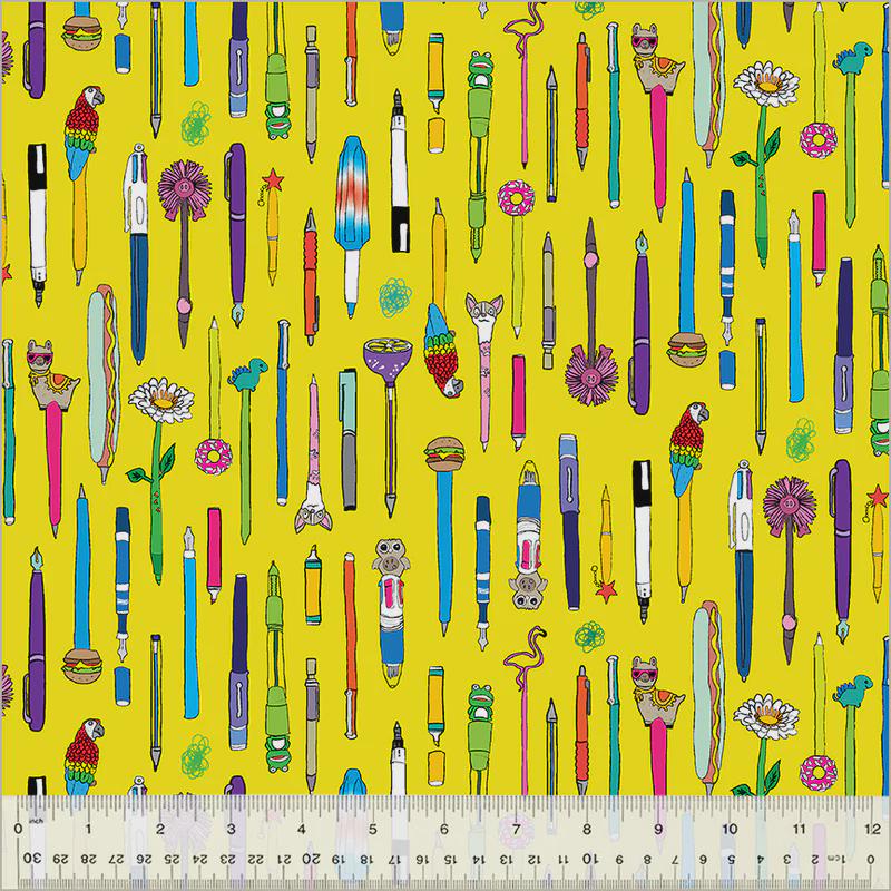 Novelty Pen Print Fabric: Bright Yellow Quilting Cotton - Pen Pals by Windham Fabrics