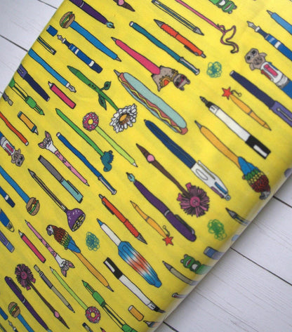 Novelty Pen Print Fabric: Bright Yellow Quilting Cotton - Pen Pals by Windham Fabrics