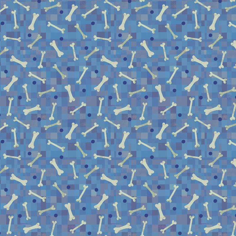 Fur-Ever Friends, Gareth Lucas, Blue Dog Bone Print Fabric, Windham Quilting Cotton