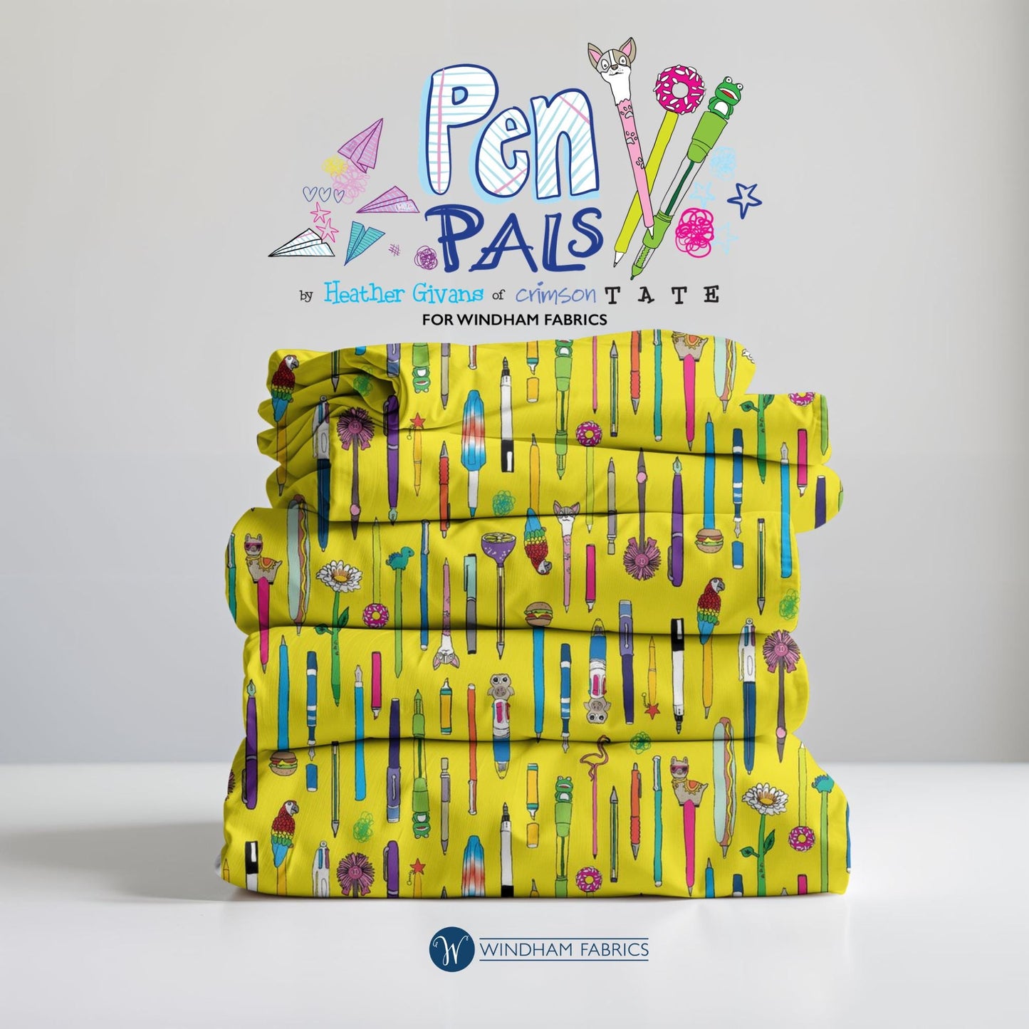 Novelty Pen Print Fabric: Bright Yellow Quilting Cotton - Pen Pals by Windham Fabrics