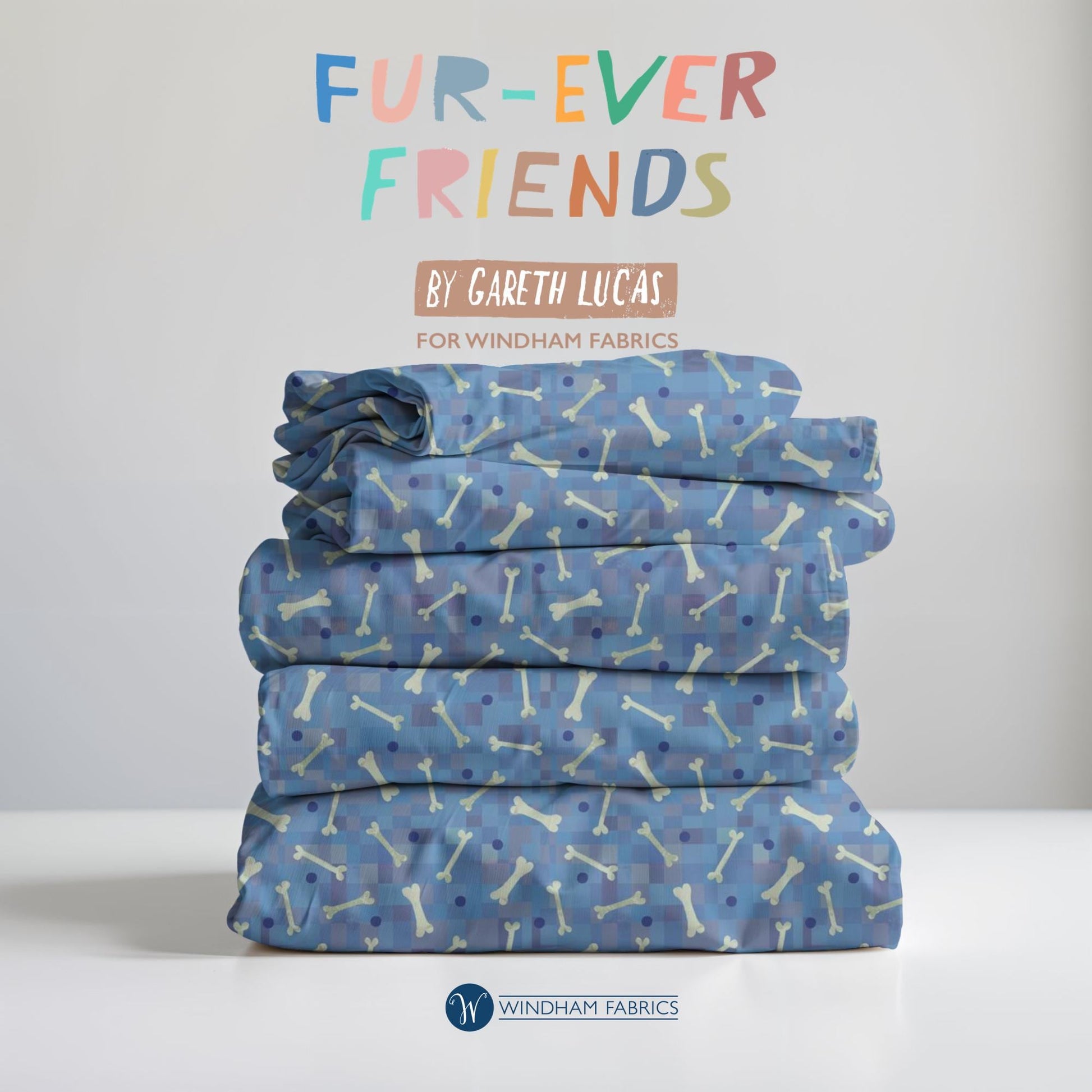 Fur-Ever Friends, Gareth Lucas, Blue Dog Bone Print Fabric, Windham Quilting Cotton