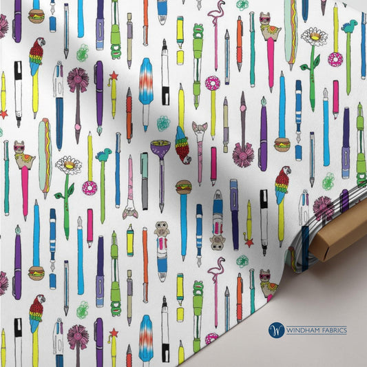 Pen Pals Collection Windham Fabrics, Novelty Pen Print Cotton Fabric, Heather Givans