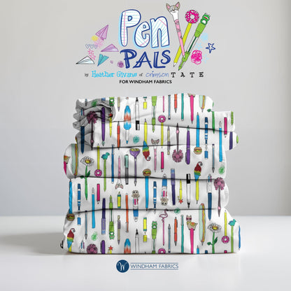 Pen Pals Collection Windham Fabrics, Novelty Pen Print Cotton Fabric, Heather Givans