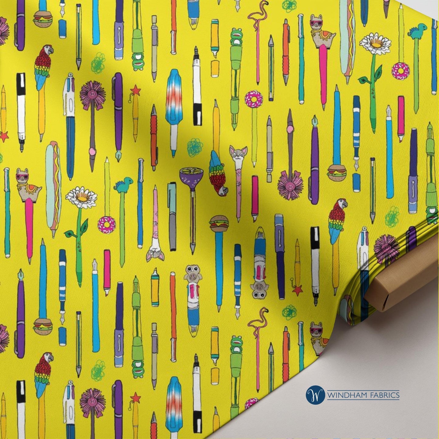 Novelty Pen Print Fabric: Bright Yellow Quilting Cotton - Pen Pals by Windham Fabrics