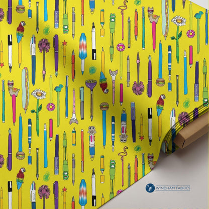 Novelty Pen Print Fabric: Bright Yellow Quilting Cotton - Pen Pals by Windham Fabrics