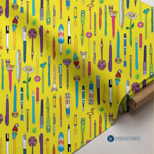 Novelty Pen Print Fabric: Bright Yellow Quilting Cotton - Pen Pals by Windham Fabrics