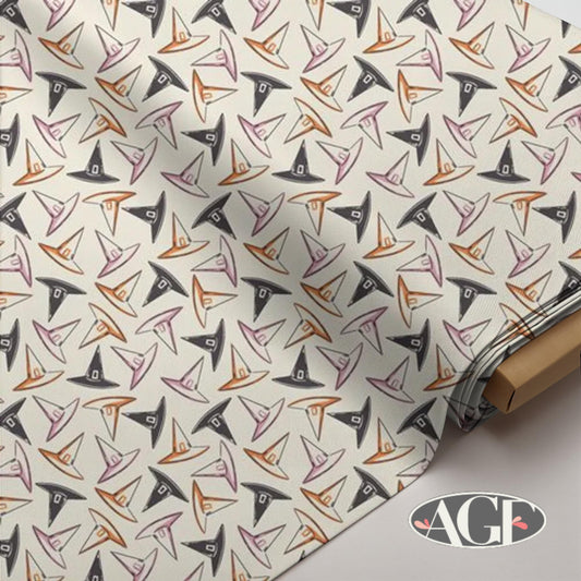 Witch Hat Halloween Fabric: Cream, Orange, Pink Cotton Quilting Fabric by Art Gallery Fabrics