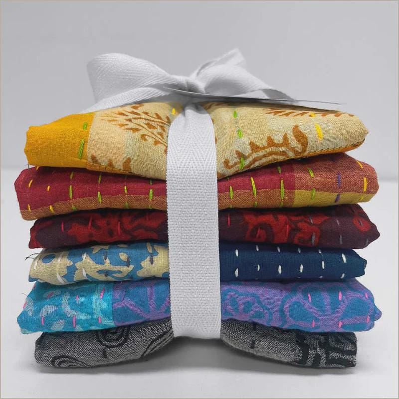 Kantha Bundle by Windham Fabrics, Hand-Stitched Fat Quarter Fabric Bundle – 100% Cotton