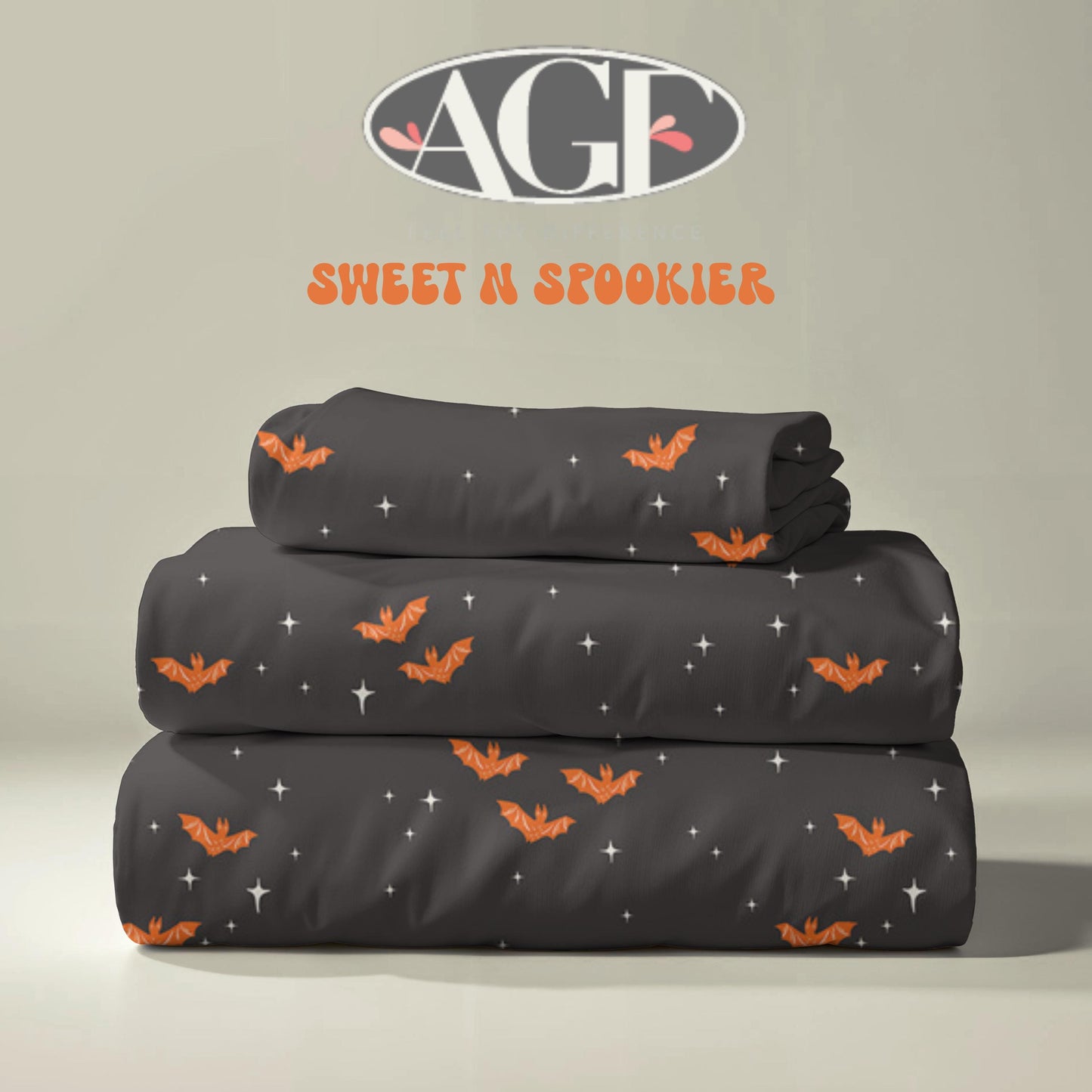 Sweet n Spookier, Halloween Bat Fabric, Orange Bats on Black Cotton - Art Gallery Fabrics