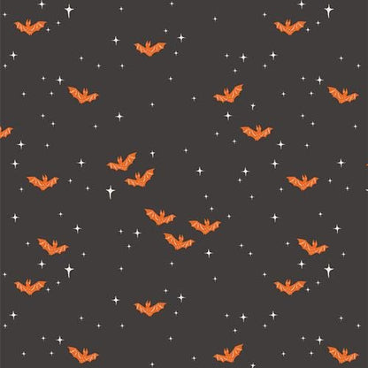 Sweet n Spookier, Halloween Bat Fabric, Orange Bats on Black Cotton - Art Gallery Fabrics