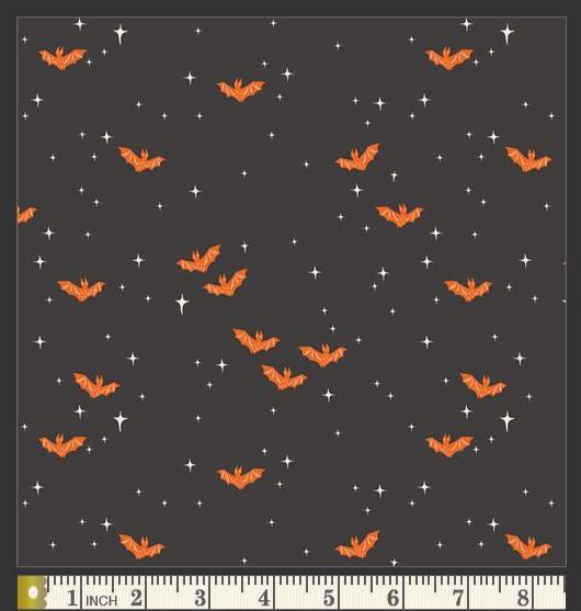 Sweet n Spookier, Halloween Bat Fabric, Orange Bats on Black Cotton - Art Gallery Fabrics