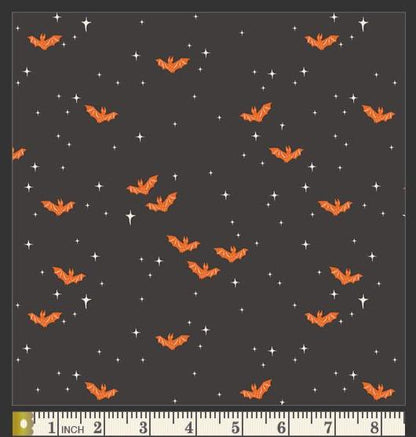 Sweet n Spookier, Halloween Bat Fabric, Orange Bats on Black Cotton - Art Gallery Fabrics