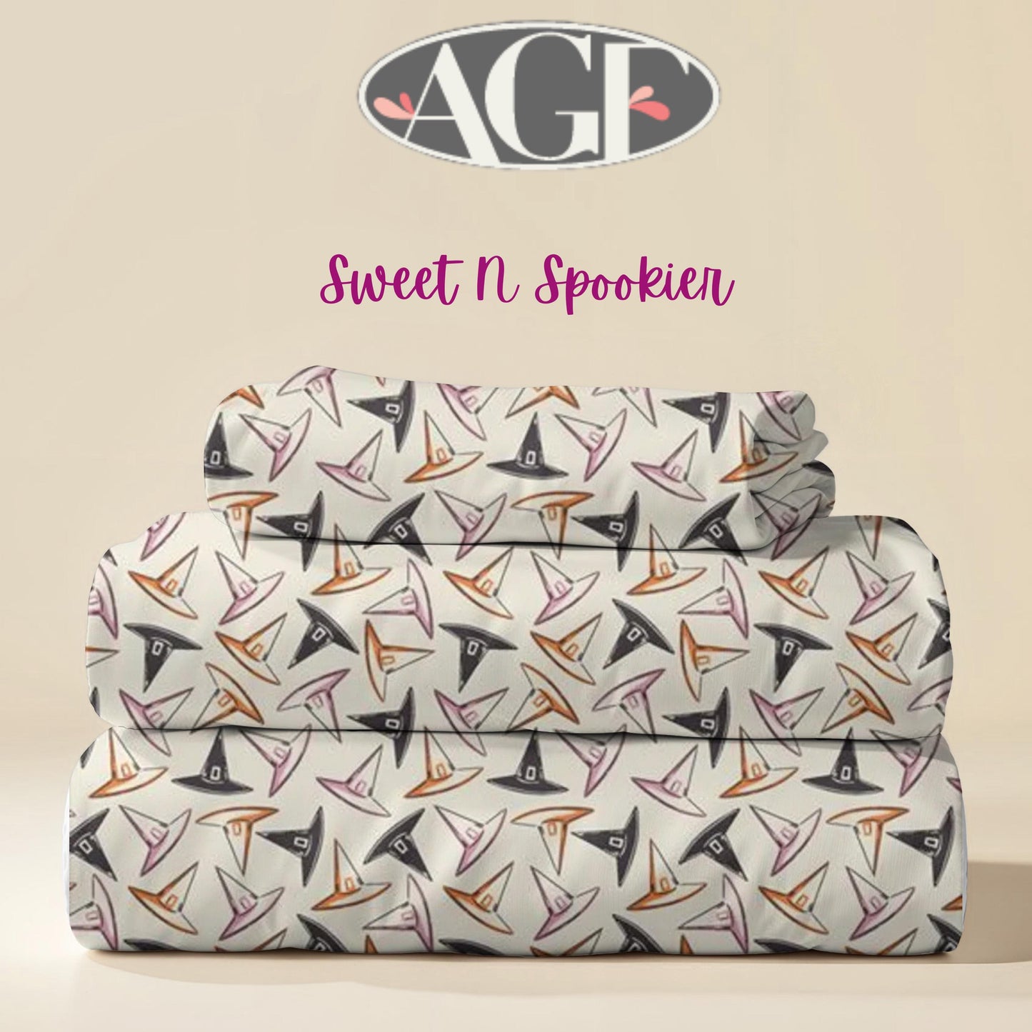 Witch Hat Halloween Fabric: Cream, Orange, Pink Cotton Quilting Fabric by Art Gallery Fabrics