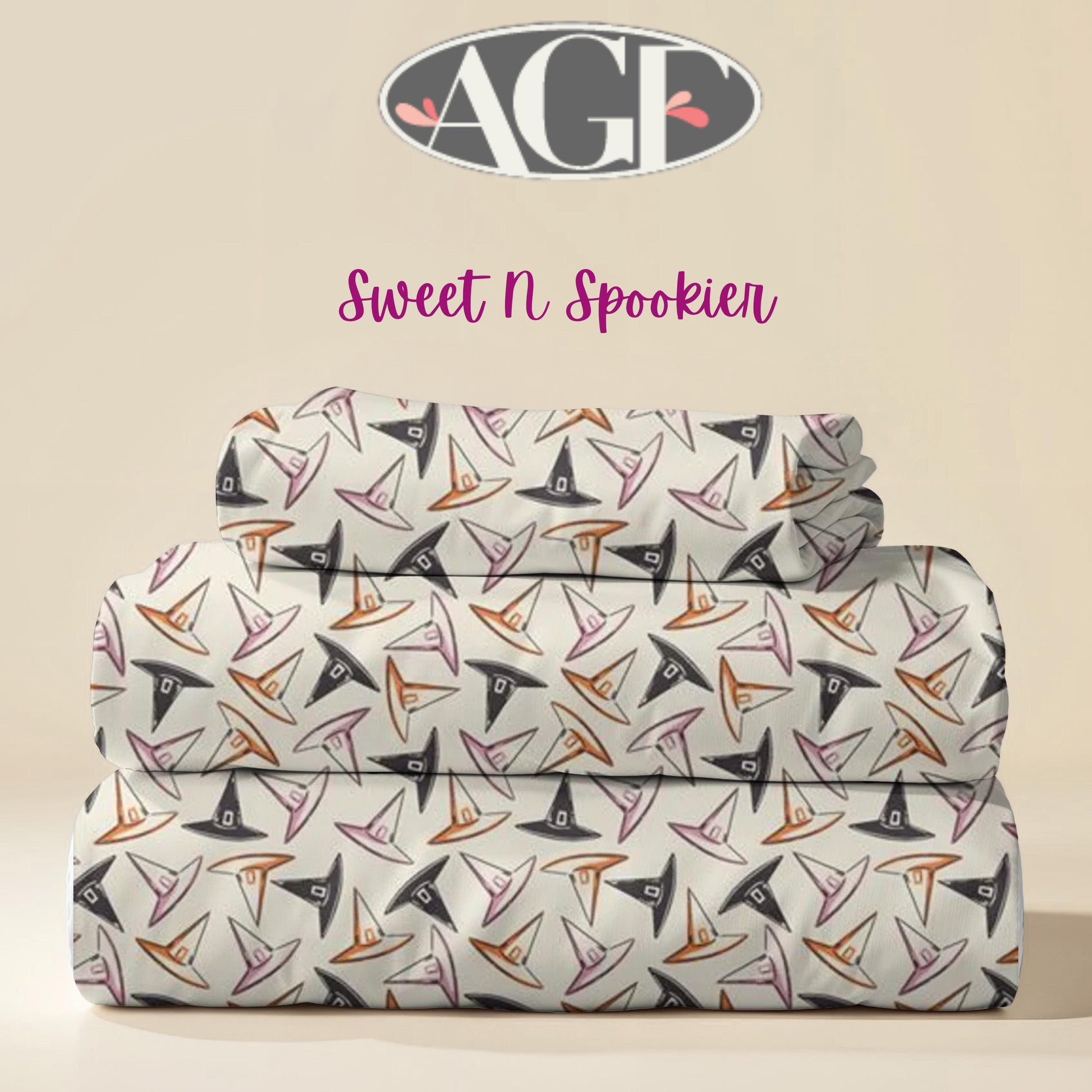 Witch Hat Halloween Fabric: Cream, Orange, Pink Cotton Quilting Fabric by Art Gallery Fabrics