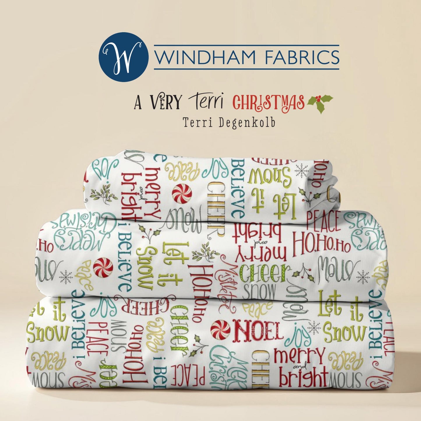 Season's Greetings, A Very Terri Christmas by Terri Degenkolb for Windham Fabrics, Quilting Cotton, Christmas Fabric, Ivory Backbround