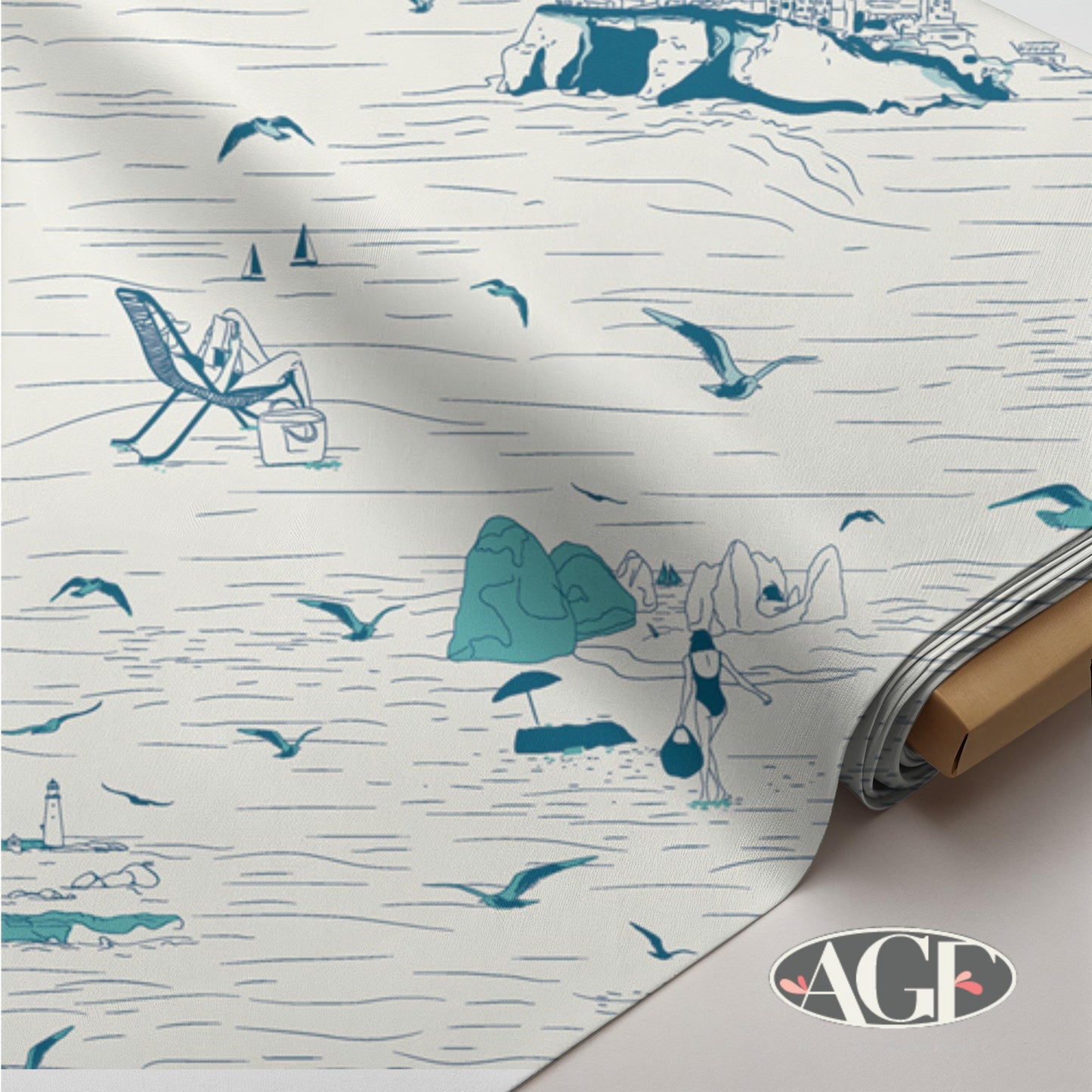 Costeira Coastal Scenic Fabric by AGF, Beach Print Quilting Cotton by the Yard, Algarve Shores, Coastal Cotton fabric