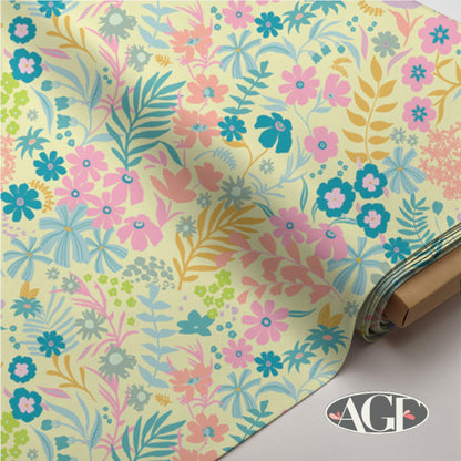 AGF Costeira Floral Cotton Fabric, Art Gallery Fabrics Coastal Botanical Print, Pastel Yellow Quilting Cotton, Brisa De Flores