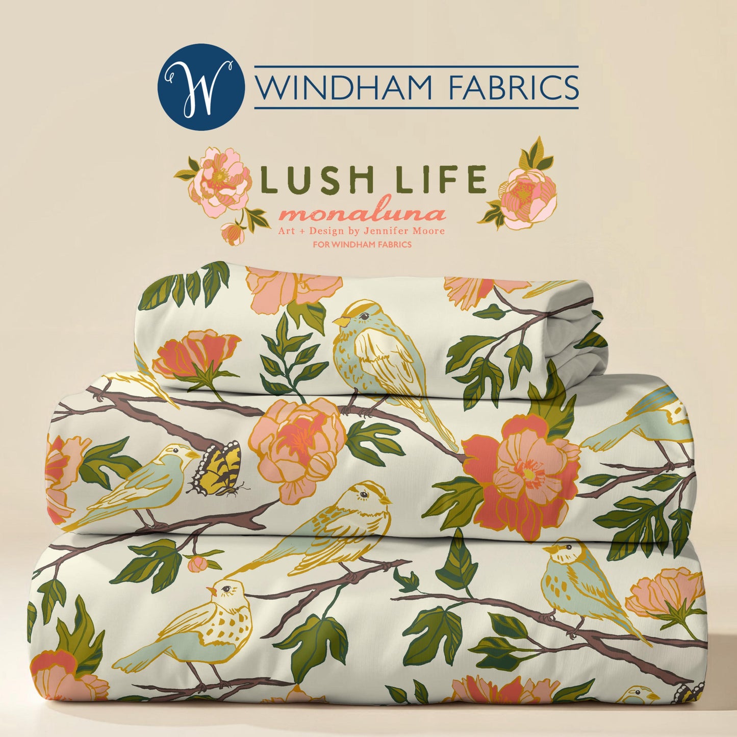 Lush Life Birds on Ivory – Jennifer Moore for Windham Fabrics | Organic Cotton Floral Bird Fabric | Nature Garden Quilting Cotton