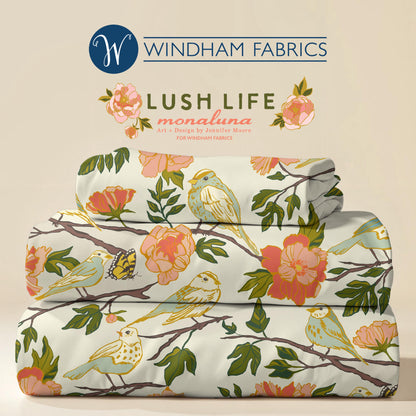 Lush Life Birds on Ivory – Jennifer Moore for Windham Fabrics | Organic Cotton Floral Bird Fabric | Nature Garden Quilting Cotton