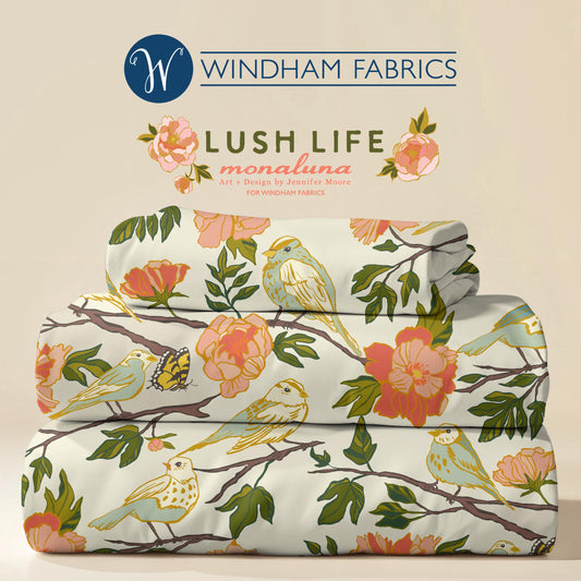 Lush Life Birds on Ivory – Jennifer Moore for Windham Fabrics | Organic Cotton Floral Bird Fabric | Nature Garden Quilting Cotton