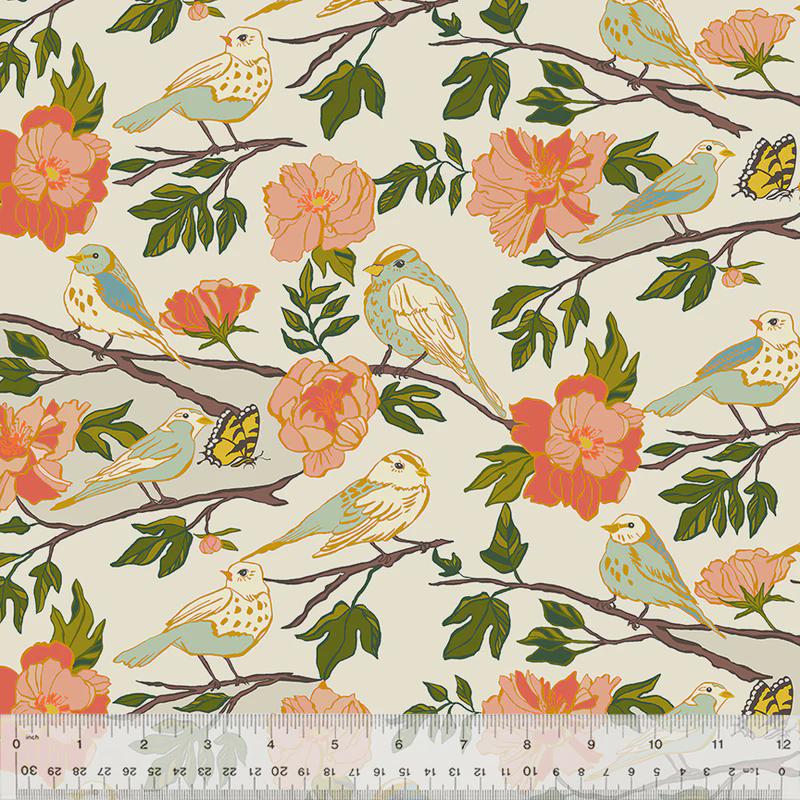 Lush Life Birds on Ivory – Jennifer Moore for Windham Fabrics | Organic Cotton Floral Bird Fabric | Nature Garden Quilting Cotton