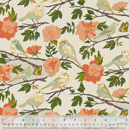 Lush Life Birds on Ivory – Jennifer Moore for Windham Fabrics | Organic Cotton Floral Bird Fabric | Nature Garden Quilting Cotton