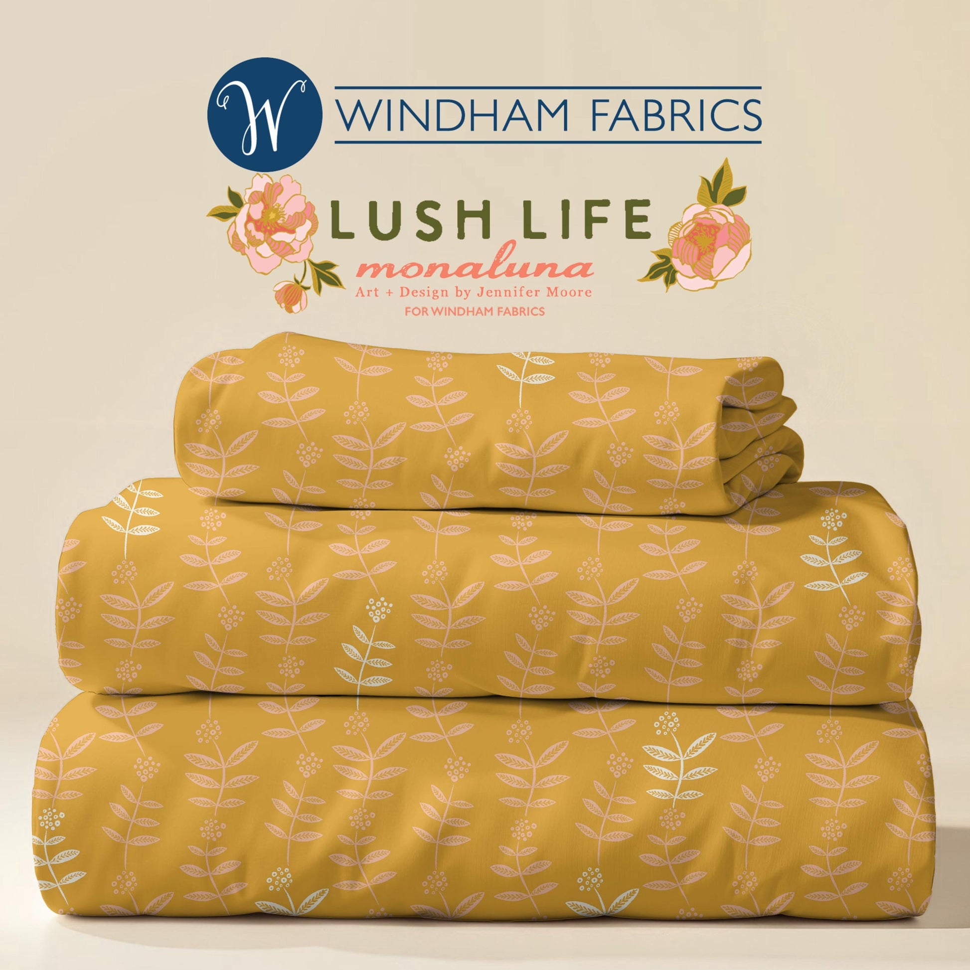 Lush Life Golden Sprigs – Jennifer Moore for Windham Fabrics | Organic Cotton Mustard Floral Fabric | Modern Botanical Quilting Cotton