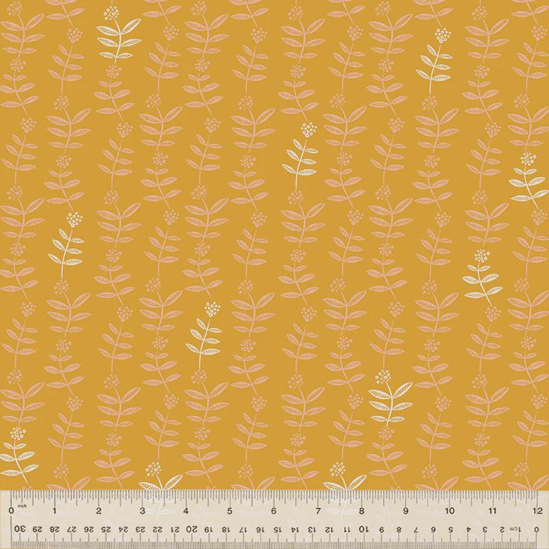 Lush Life Golden Sprigs – Jennifer Moore for Windham Fabrics | Organic Cotton Mustard Floral Fabric | Modern Botanical Quilting Cotton