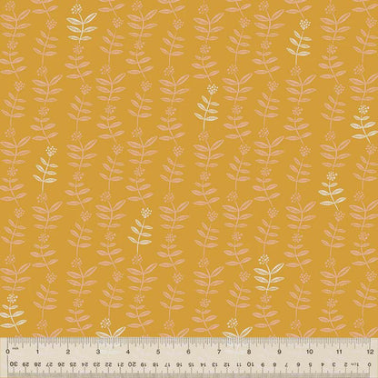 Lush Life Golden Sprigs – Jennifer Moore for Windham Fabrics | Organic Cotton Mustard Floral Fabric | Modern Botanical Quilting Cotton