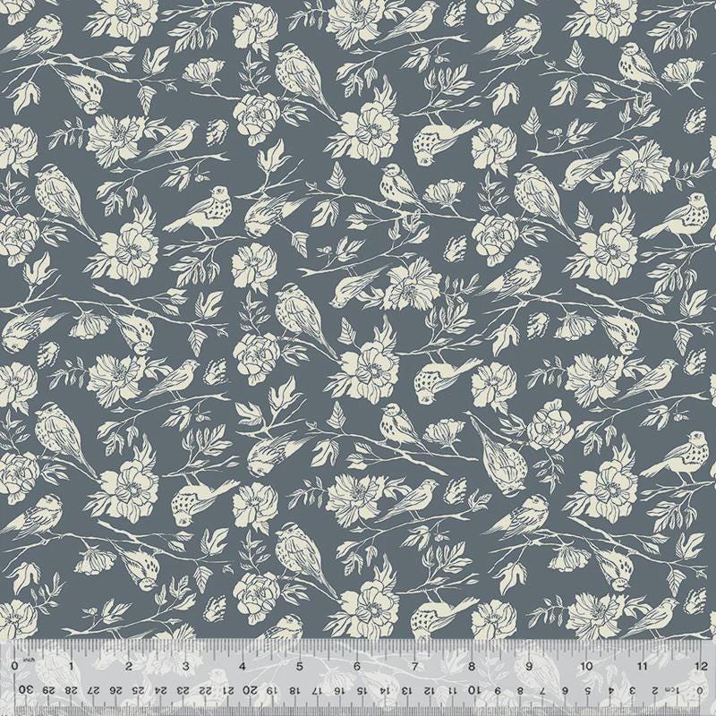 Lush Life Birds on Periwinkle – Jennifer Moore for Windham Fabrics | Organic Cotton Floral Bird Print | Blue Botanical Quilting Fabric