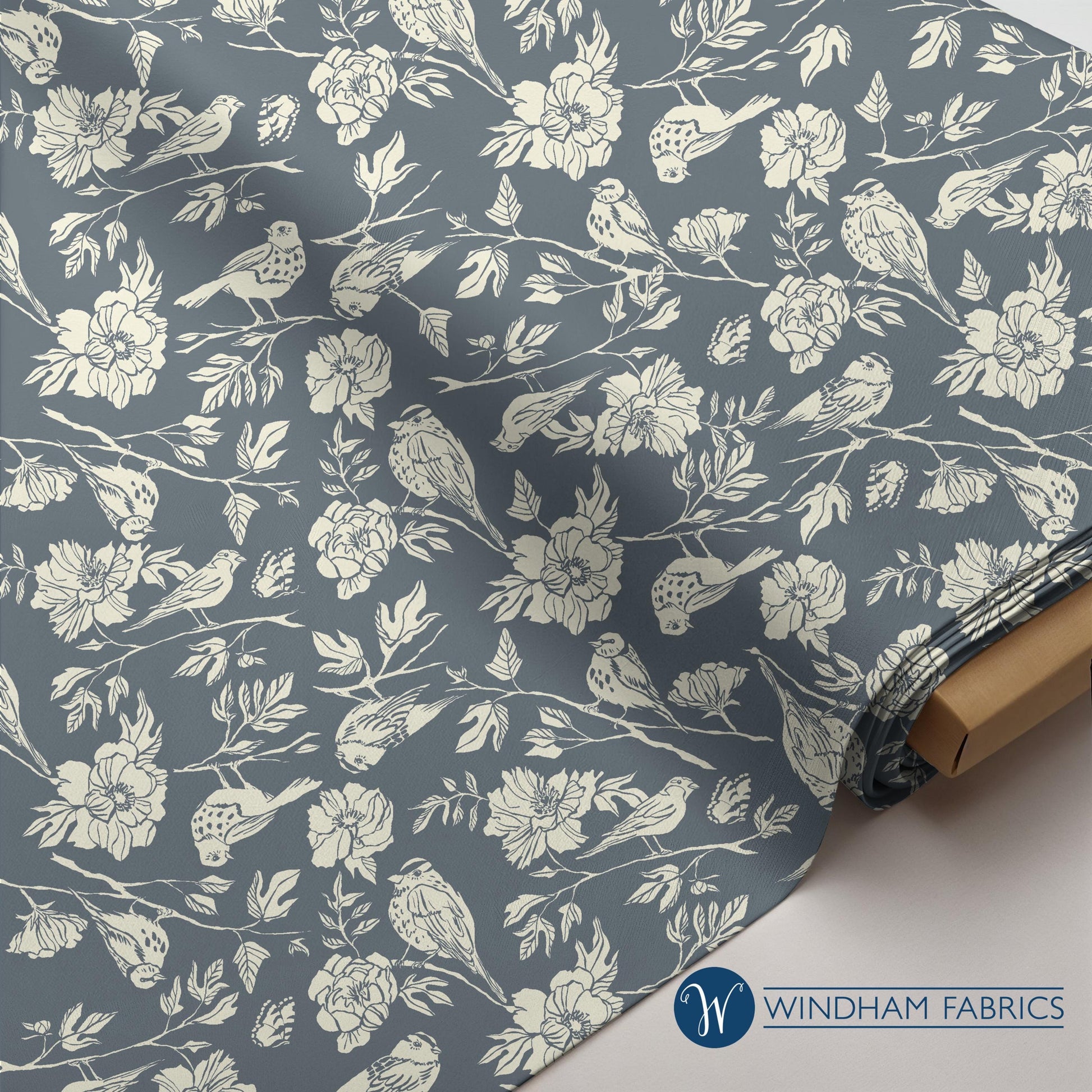 Lush Life Birds on Periwinkle – Jennifer Moore for Windham Fabrics | Organic Cotton Floral Bird Print | Blue Botanical Quilting Fabric