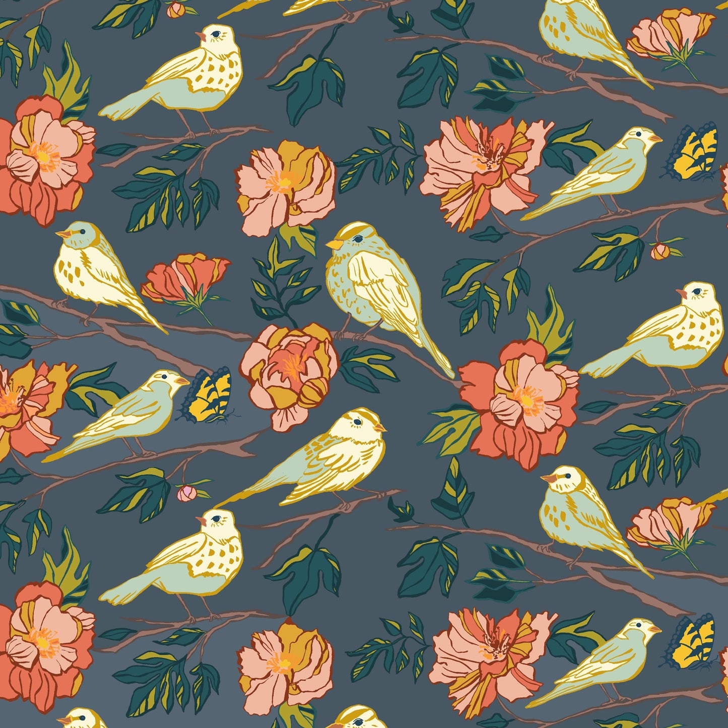 Lush Life Birds on Navy – Jennifer Moore for Windham Fabrics | Organic Cotton Floral Bird Fabric | Blue Botanical Quilting Cotton