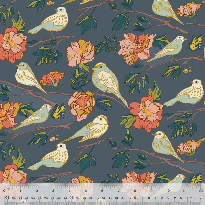Lush Life Birds on Navy – Jennifer Moore for Windham Fabrics | Organic Cotton Floral Bird Fabric | Blue Botanical Quilting Cotton