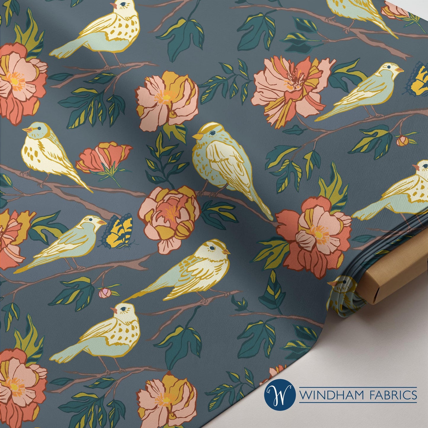 Lush Life Birds on Navy – Jennifer Moore for Windham Fabrics | Organic Cotton Floral Bird Fabric | Blue Botanical Quilting Cotton