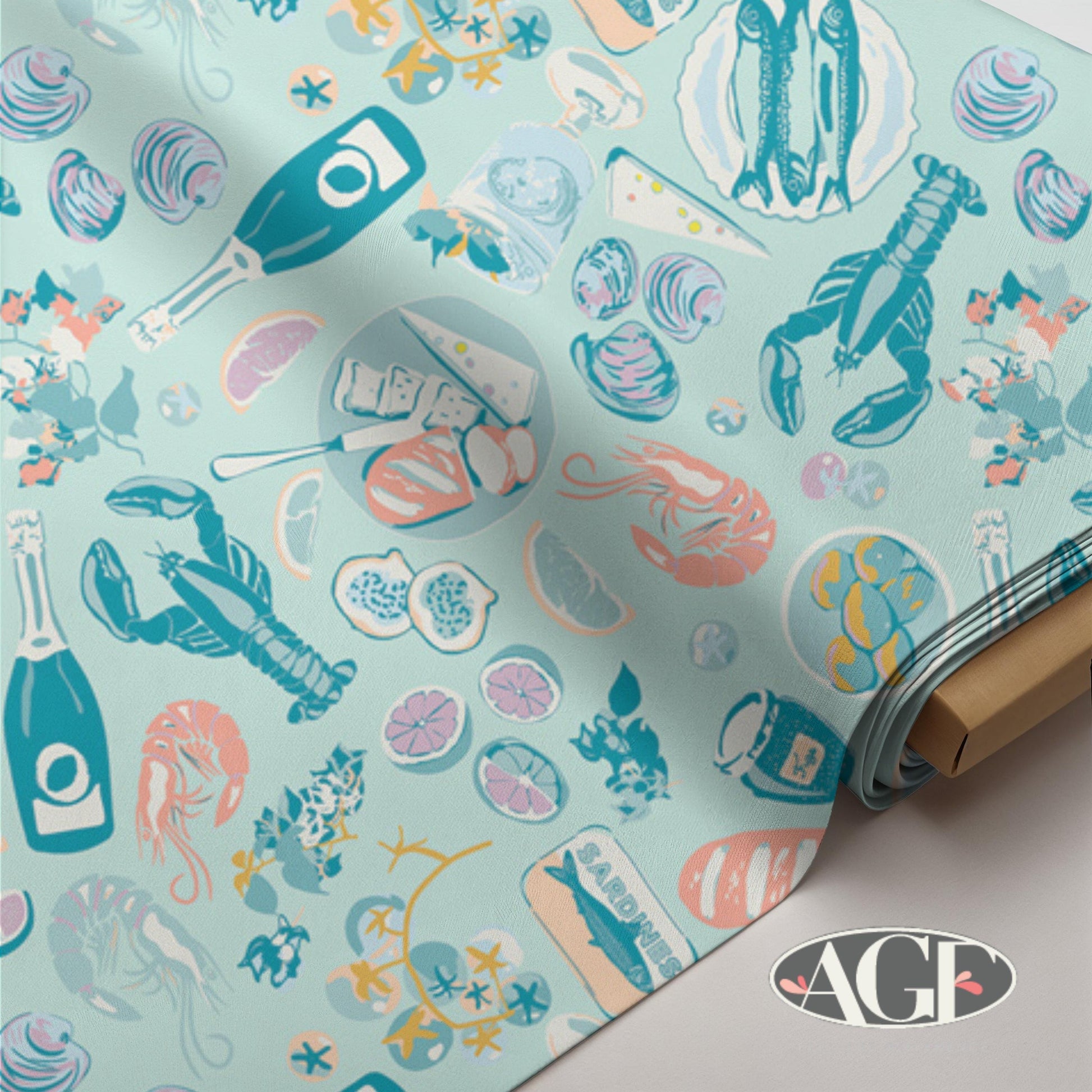 Costeira, Coastal Cuisine Fabric by AGF, Seafood & Fruit Cotton Print, Ocean Theme Quilt Fabric, Coastal Decor, Gosto da Costa Fresca