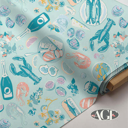 Costeira, Coastal Cuisine Fabric by AGF, Seafood & Fruit Cotton Print, Ocean Theme Quilt Fabric, Coastal Decor, Gosto da Costa Fresca