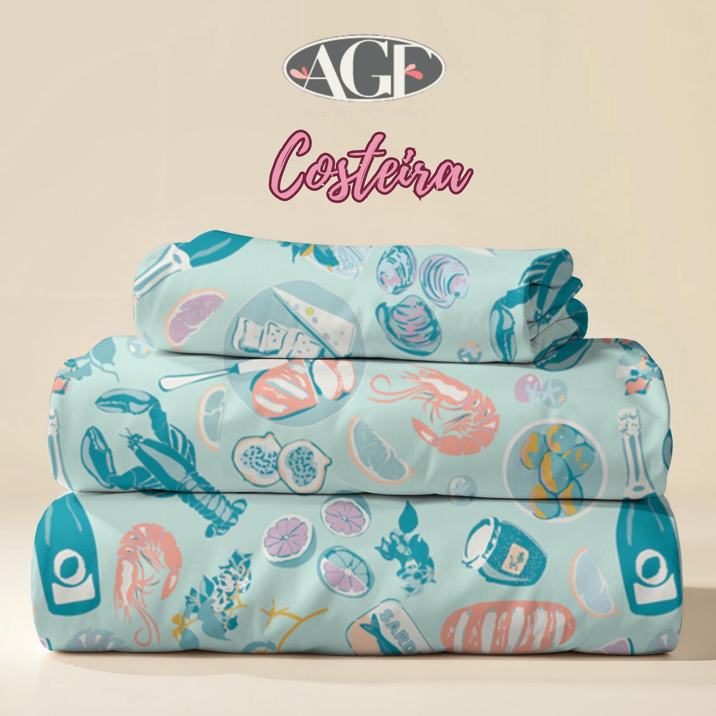 Costeira, Coastal Cuisine Fabric by AGF, Seafood & Fruit Cotton Print, Ocean Theme Quilt Fabric, Coastal Decor, Gosto da Costa Fresca