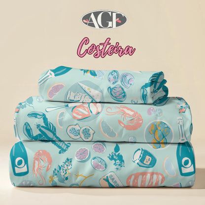 Costeira, Coastal Cuisine Fabric by AGF, Seafood & Fruit Cotton Print, Ocean Theme Quilt Fabric, Coastal Decor, Gosto da Costa Fresca