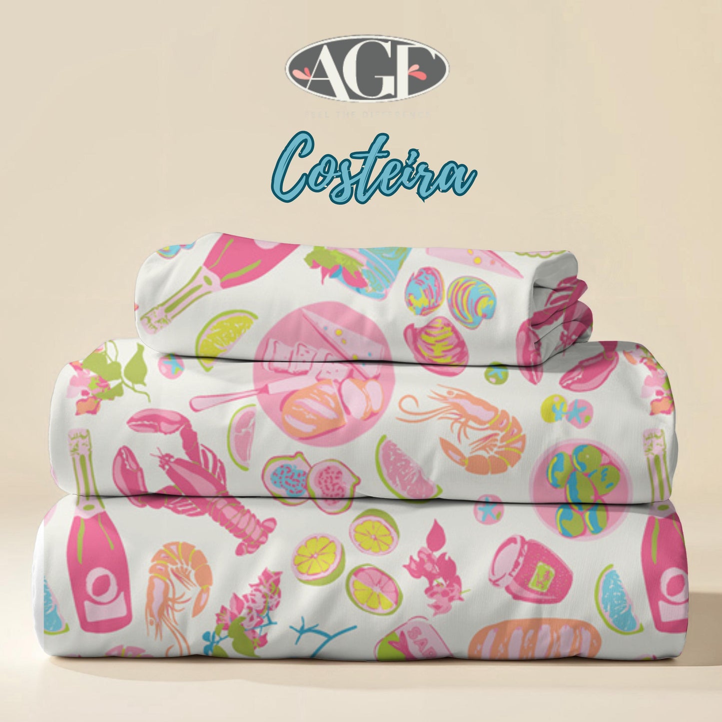 Costeira Seafood Fabric, Lobster Shrimp Citrus Coastal by Art Gallery Fabrics Quilting Cotton, Beach Picnic Fabric, Gosto da Costa Quente